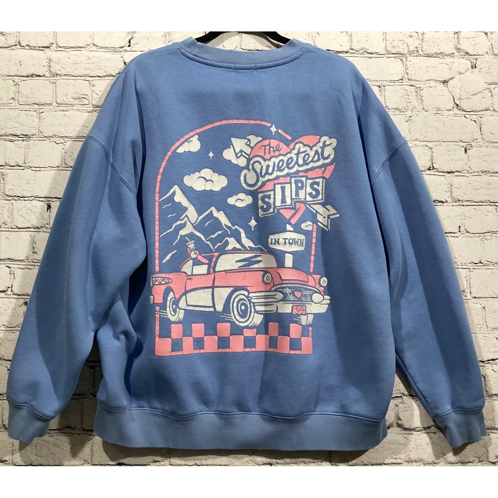 Swig Blue Crewneck Sweatshirt Sweetest Sips Retro Graphic Pullover XL